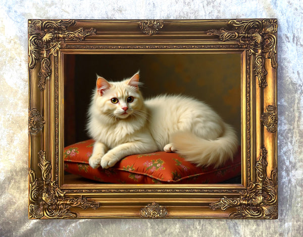 Oleograph on Canvas of a Cream Persian Cat on a Cushion in a Gilt Gesso Frame