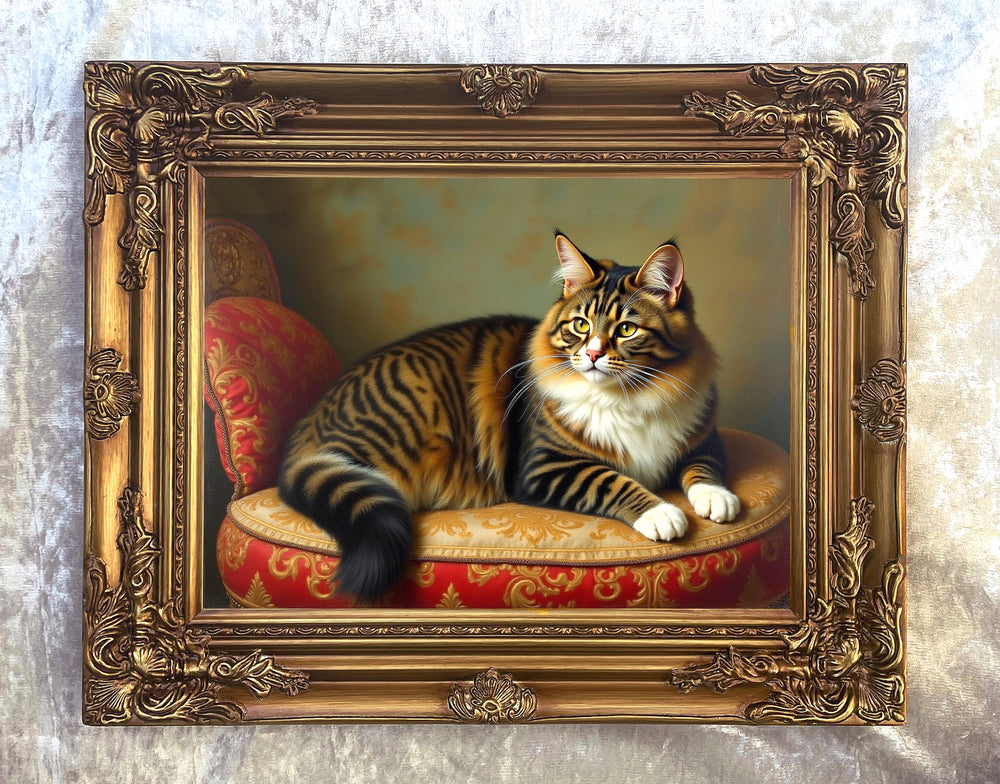 Oleograph on Canvas of a Long Haired Tabby Cat on a Cushion in a Gilt Gesso Frame