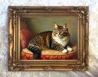 Oleograph on Canvas of a Long Haired Tabby Cat on a Cushion in a Gilt Gesso Frame