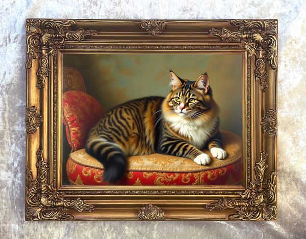 Oleograph on Canvas of a Long Haired Tabby Cat on a Cushion in a Gilt Gesso Frame