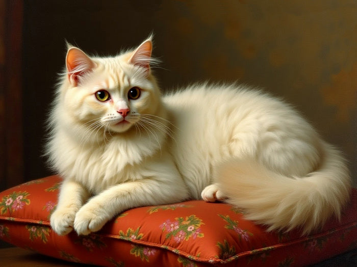 Oleograph on Canvas of a Cream Persian Cat on a Cushion in a Gilt Gesso Frame