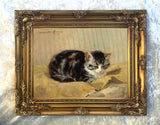 Oleograph on Canvas of a Tabby Cat on a Cushion in a Gilt Gesso Frame