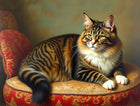 Oleograph on Canvas of a Long Haired Tabby Cat on a Cushion in a Gilt Gesso Frame