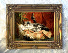 Fine Oleograph on Canvas of a Cat & Kittens on a Cushion