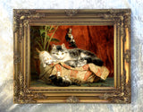 Fine Oleograph on Canvas of a Cat & Kittens on a Cushion