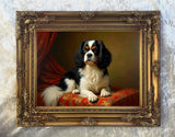 Fine Oleograph on Canvas - A Tricolour King Charles Cavalier Spaniel on a Cushion