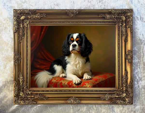 Fine Oleograph on Canvas - A Tricolour King Charles Cavalier Spaniel on a Cushion