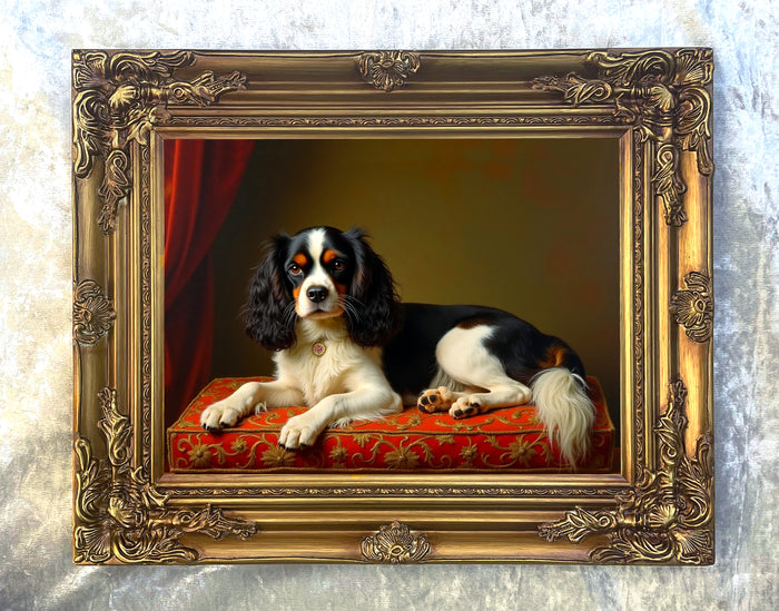 Fine Oleograph on Canvas - A  King Charles Cavalier Spaniel on a Velvet Cushion