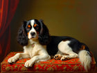 Fine Oleograph on Canvas - A  King Charles Cavalier Spaniel on a Velvet Cushion