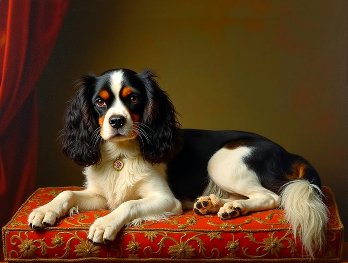 Fine Oleograph on Canvas - A  King Charles Cavalier Spaniel on a Velvet Cushion
