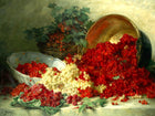 Beautiful Oleograph on Canvas Still Life of Raspberries & Cherries on a Marble Ledge