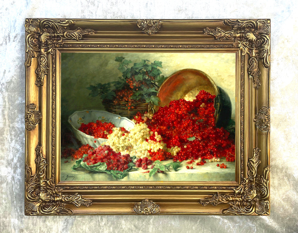 Beautiful Oleograph on Canvas Still Life of Raspberries & Cherries on a Marble Ledge