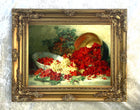 Beautiful Oleograph on Canvas Still Life of Raspberries & Cherries on a Marble Ledge