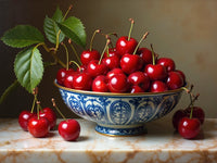 Fine Still Life Oleograph on Canvas  of Cherries in an Antique Chinese Blue & White  Bowl