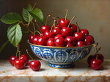 Fine Still Life Oleograph on Canvas  of Cherries in an Antique Chinese Blue & White  Bowl