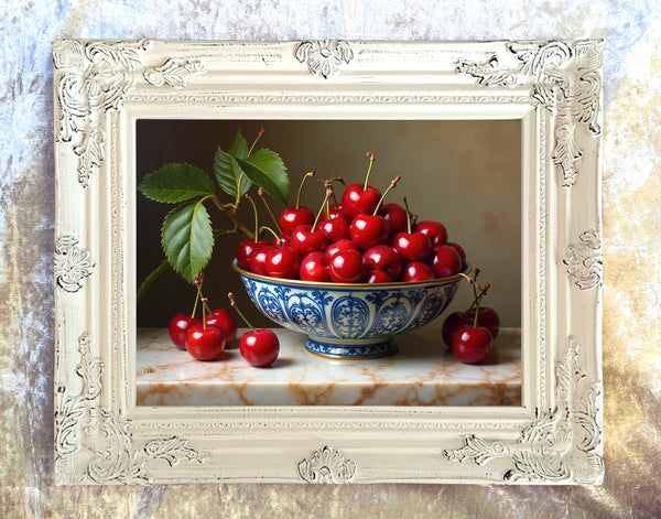 Fine Still Life Oleograph on Canvas  of Cherries in an Antique Chinese Blue & White  Bowl