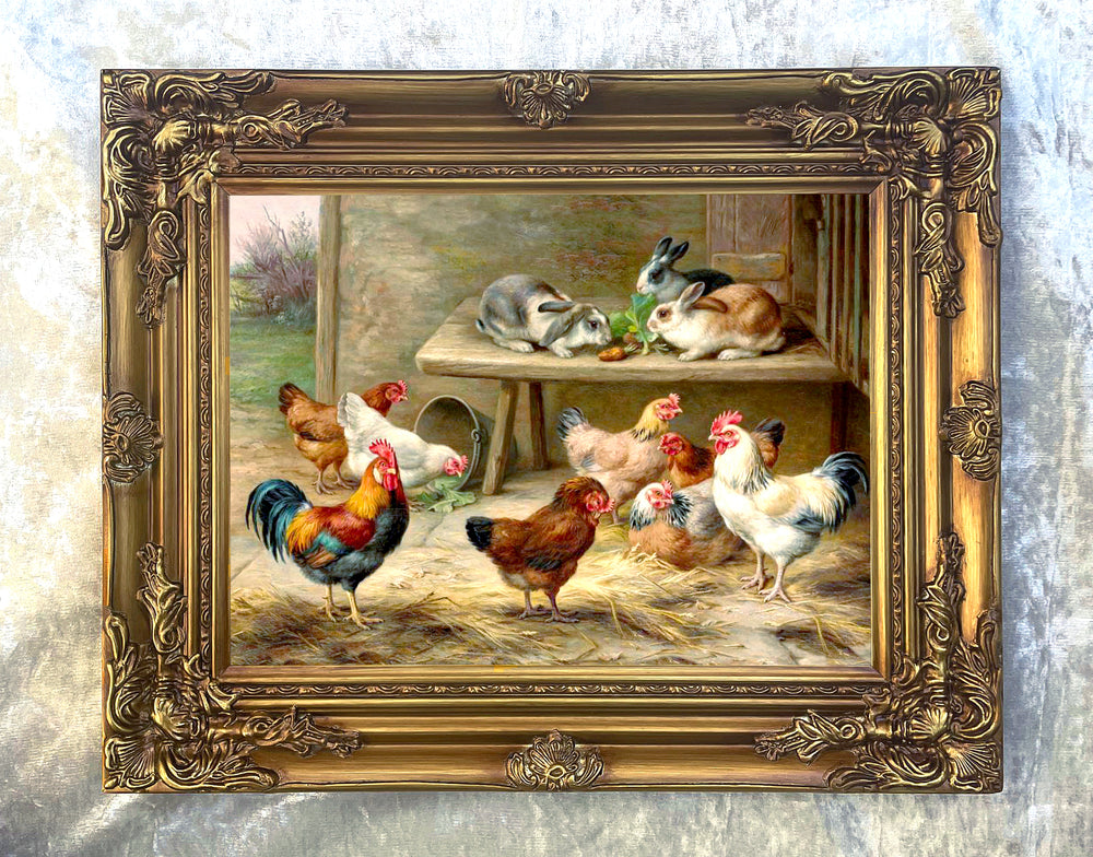 Fine Oleograph on Canvas - Chickens & Rabbits in a Yard