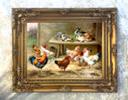 Fine Oleograph on Canvas - Chickens & Rabbits in a Yard
