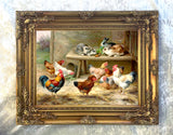 Fine Oleograph on Canvas - Chickens & Rabbits in a Yard