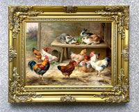 Fine Oleograph on Canvas - Chickens & Rabbits in a Yard