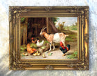 Fine Oleograph on Canvas - Chickens & a Goat in a Yard
