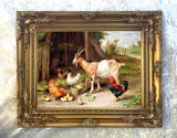 Fine Oleograph on Canvas - Chickens & a Goat in a Yard