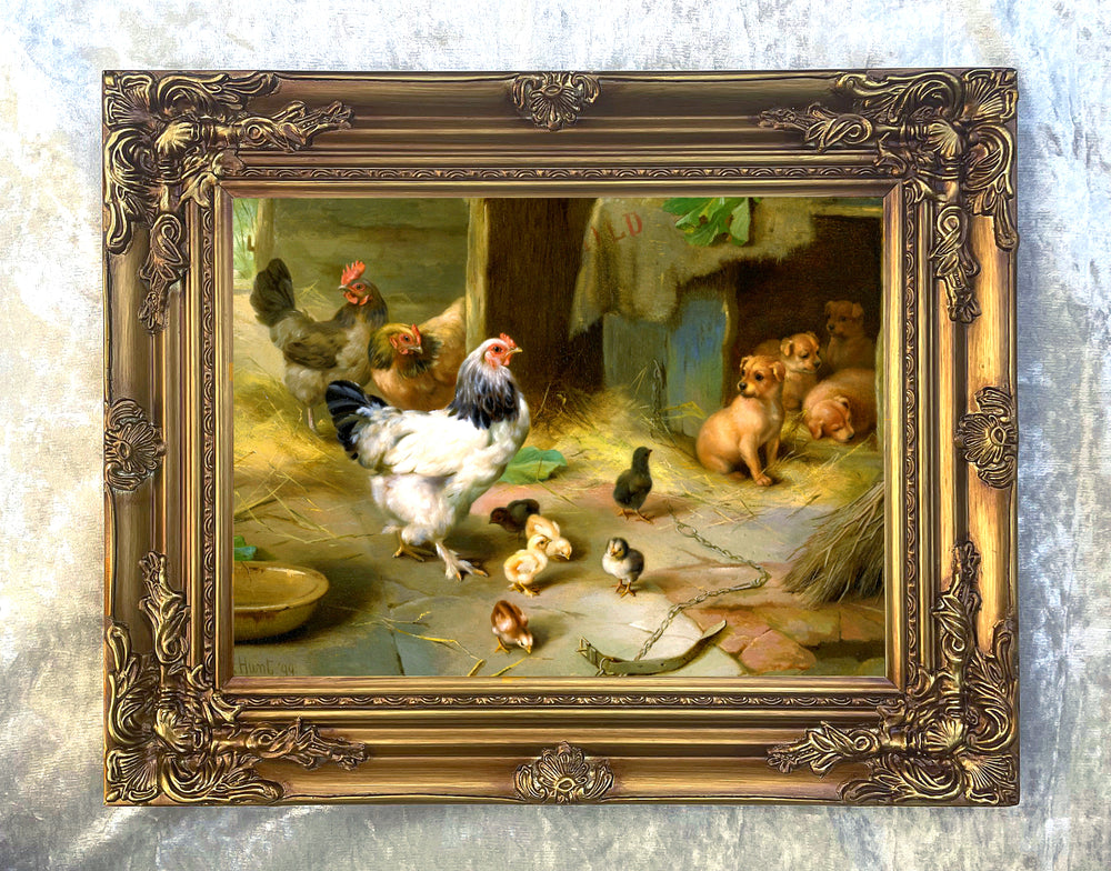 Oleograph on Canvas of Chickens & Puppies in a Stable