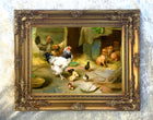 Oleograph on Canvas of Chickens & Puppies in a Stable