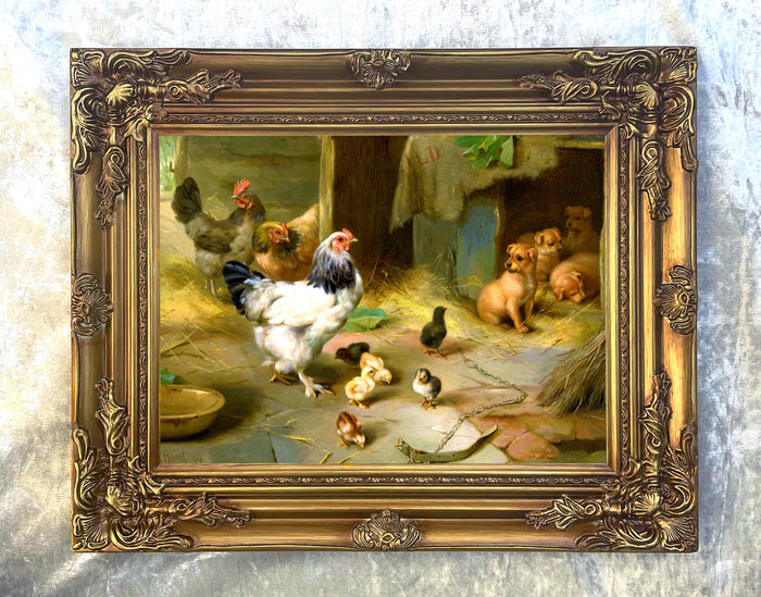 Oleograph on Canvas of Chickens & Puppies in a Stable