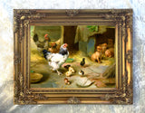 Oleograph on Canvas of Chickens & Puppies in a Stable