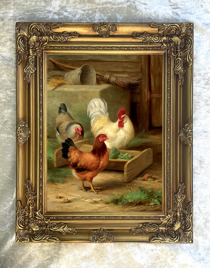 Fine Oleograph on Canvas of Chickens & Hens in a Stable Yard