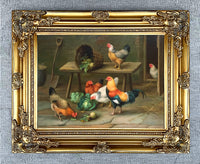 Fine Oleograph on Canvas - Chickens with Cabbages in a Stable