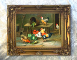 Fine Oleograph on Canvas - Chickens with Cabbages in a Stable