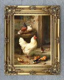 Fine Oleograph aft. Edgar Hunt on Canvas of Chickens & Pigeons in a Yard