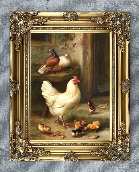 Fine Oleograph aft. Edgar Hunt on Canvas of Chickens & Pigeons in a Yard