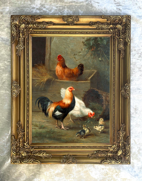 Fine Oleograph on Canvas of Chickens & Hens by a Stable aft. Edgar Hunt