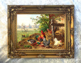 Fine Oleograph on Canvas of Chickens & Ducks in a Stable Yard