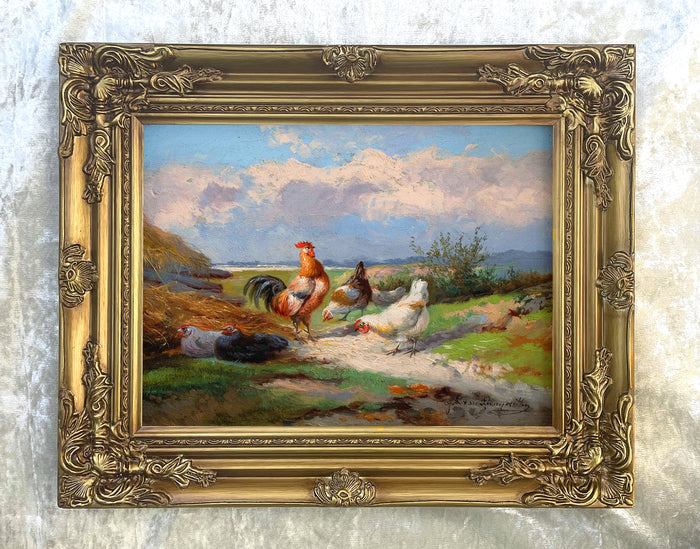 Fine Oleograph on Canvas of a Cockerel & Hens in a Landscape