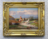 Fine Oleograph on Canvas of a Cockerel & Hens in a Landscape