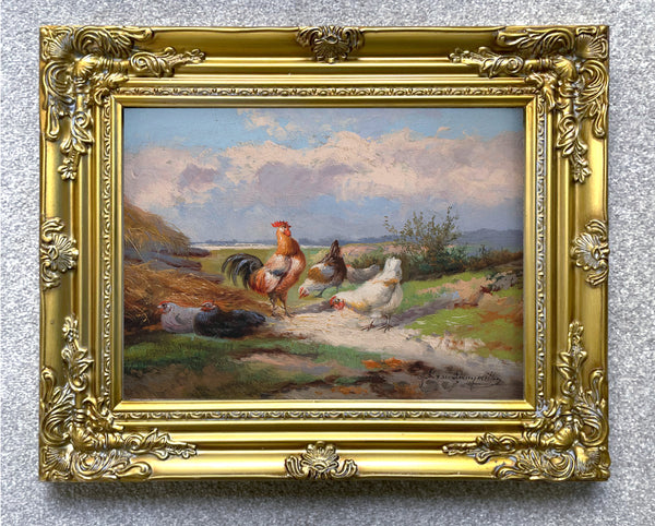 Fine Oleograph on Canvas of a Cockerel & Hens in a Landscape