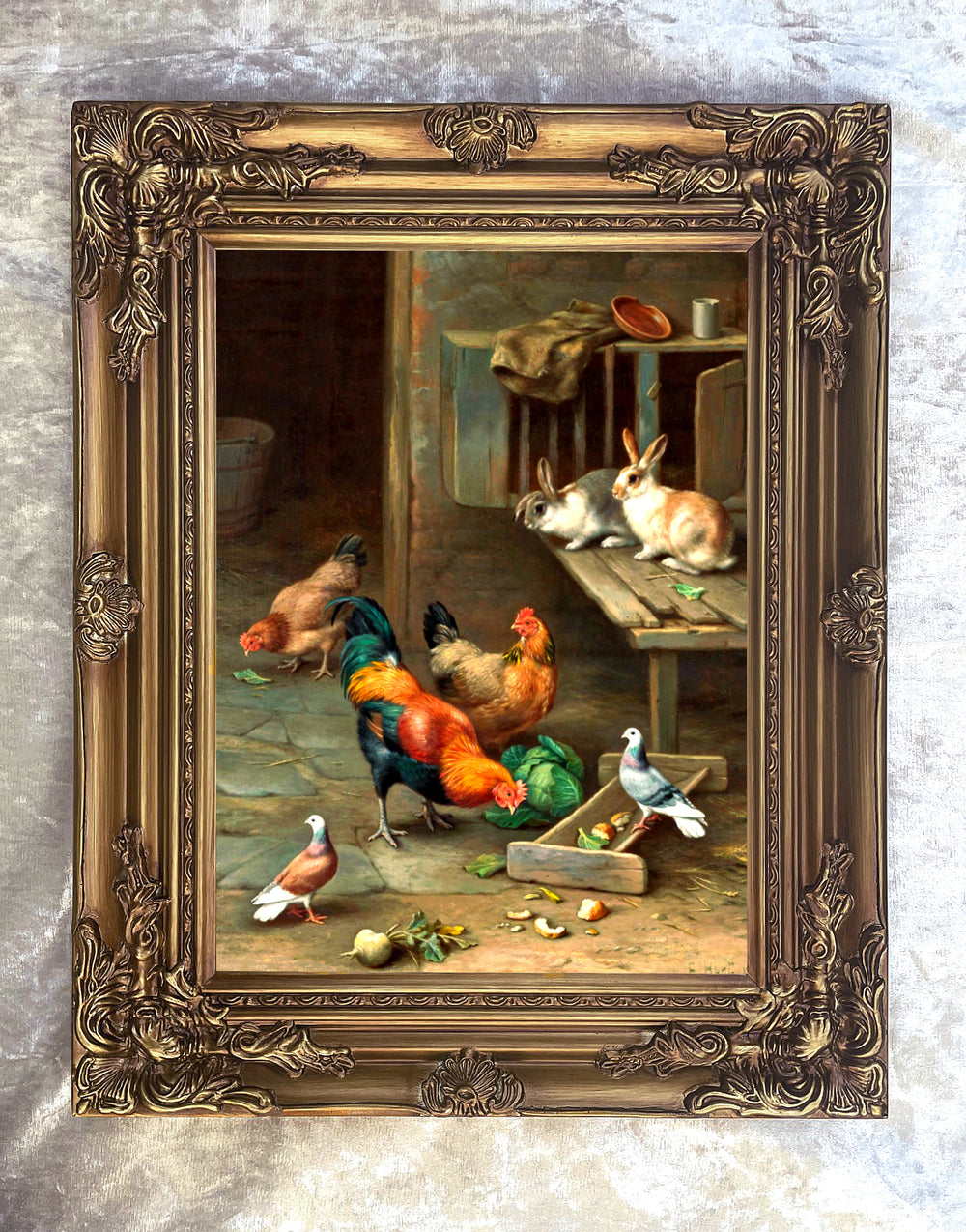 Fine Oleograph on Canvas of Chickens, Rabbits & Pigeons in a Stable