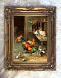 Fine Oleograph on Canvas of Chickens, Rabbits & Pigeons in a Stable
