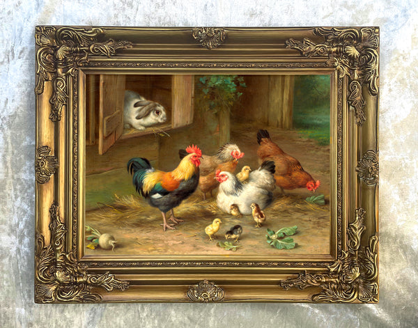 Fine Oleograph on Canvas of Chickens in a Barnyard