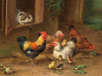 Fine Oleograph on Canvas of Chickens & a Rabbit in a Stable Yard