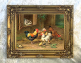 Fine Oleograph on Canvas of Chickens & a Rabbit in a Stable Yard