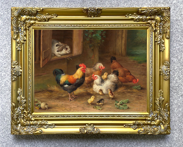 Fine Oleograph on Canvas of Chickens & a Rabbit in a Stable Yard