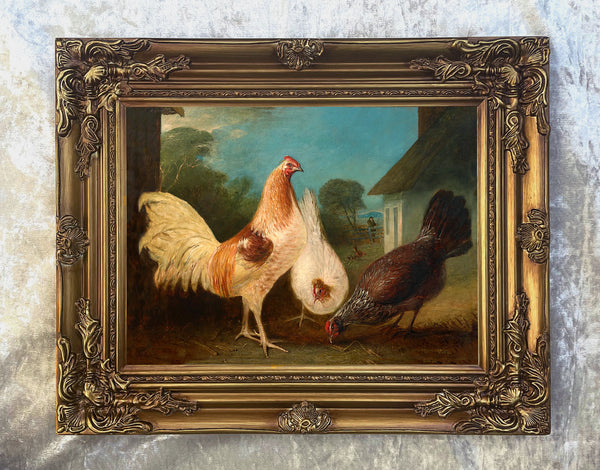 Fine Oleograph on Canvas - Chickens in a Rural Farmyard