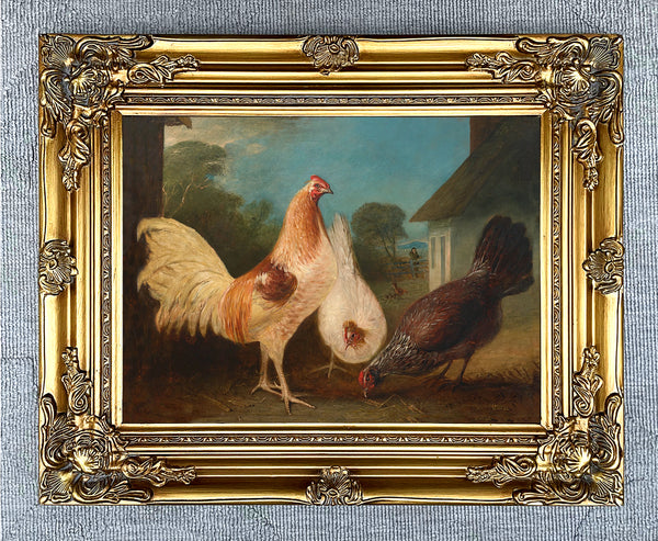 Fine Oleograph on Canvas - Chickens in a Rural Farmyard