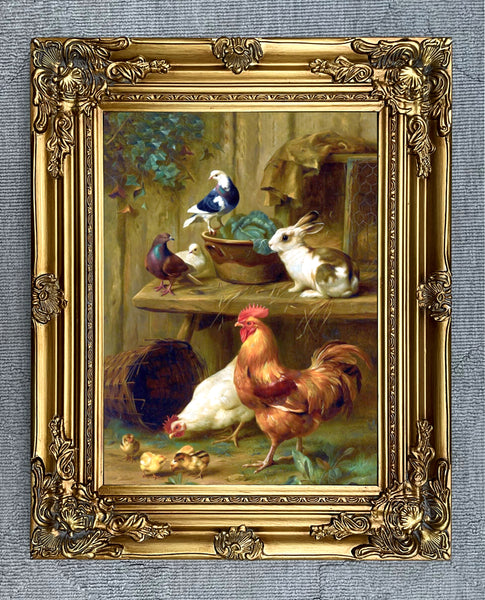 Fine Oleograph on Canvas - Chickens Rabbits & Pigeons aft. Edgar Hunt