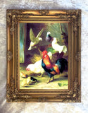 Fine Oleograph on Canvas of Chickens in a Yard